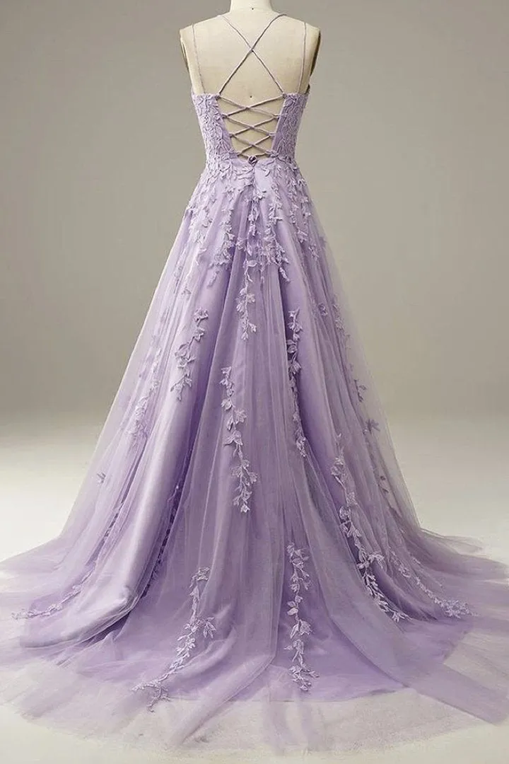 Custom Made Lace Lilac Prom Dresses Long Evening Dress Spaghetti Straps Formal Gown with Train