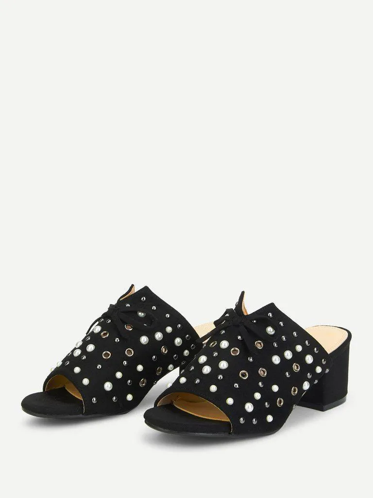Faux Pearl Chunky Heeled Mules