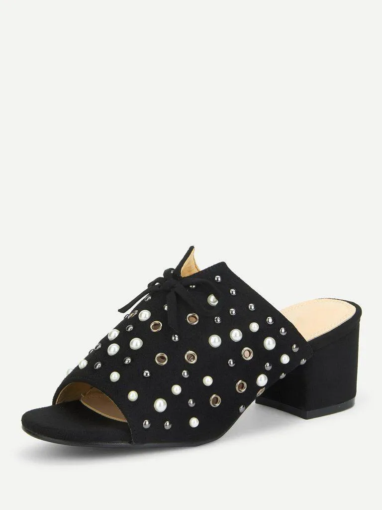 Faux Pearl Chunky Heeled Mules