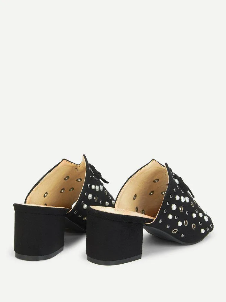 Faux Pearl Chunky Heeled Mules